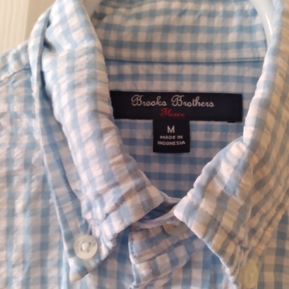 Brooks Brothers blue & white seersucker checked button down shirt sz M - Picture 2 of 7